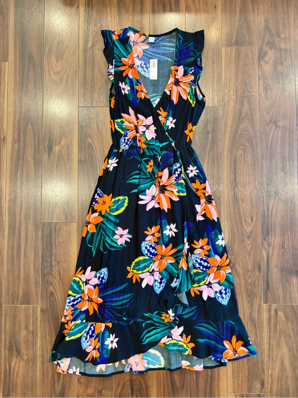 NWT XS Old Navy Black Floral Wrap Midi Dress with Orange & Pink Blooms